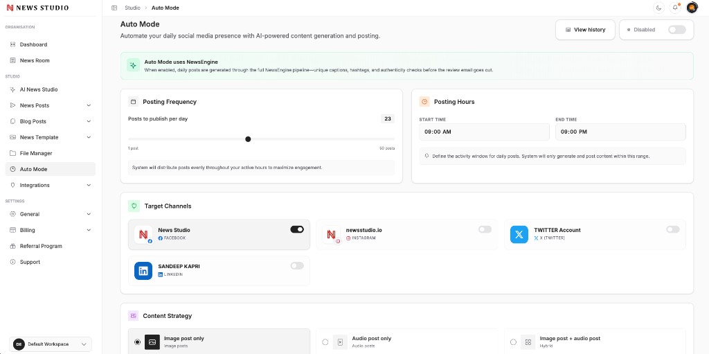HyperFast News Auto Mode dashboard showing posting frequency, hours, target channels, and content strategy